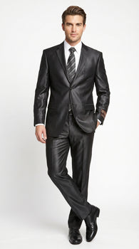 Men’s Vitali Black Sharkskin 2 Button Suit, Formal Wedding Business Dress Suit Set