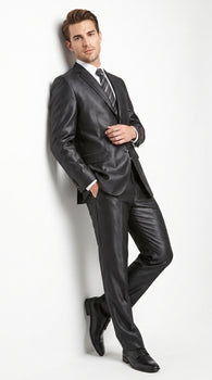 Men’s Vitali Black Sharkskin 2 Button Suit, Formal Wedding Business Dress Suit Set