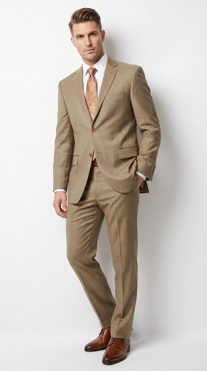 Men’s Champagne Gold Sharkskin Suit, Formal Wedding Church Business Dress Suit Set
