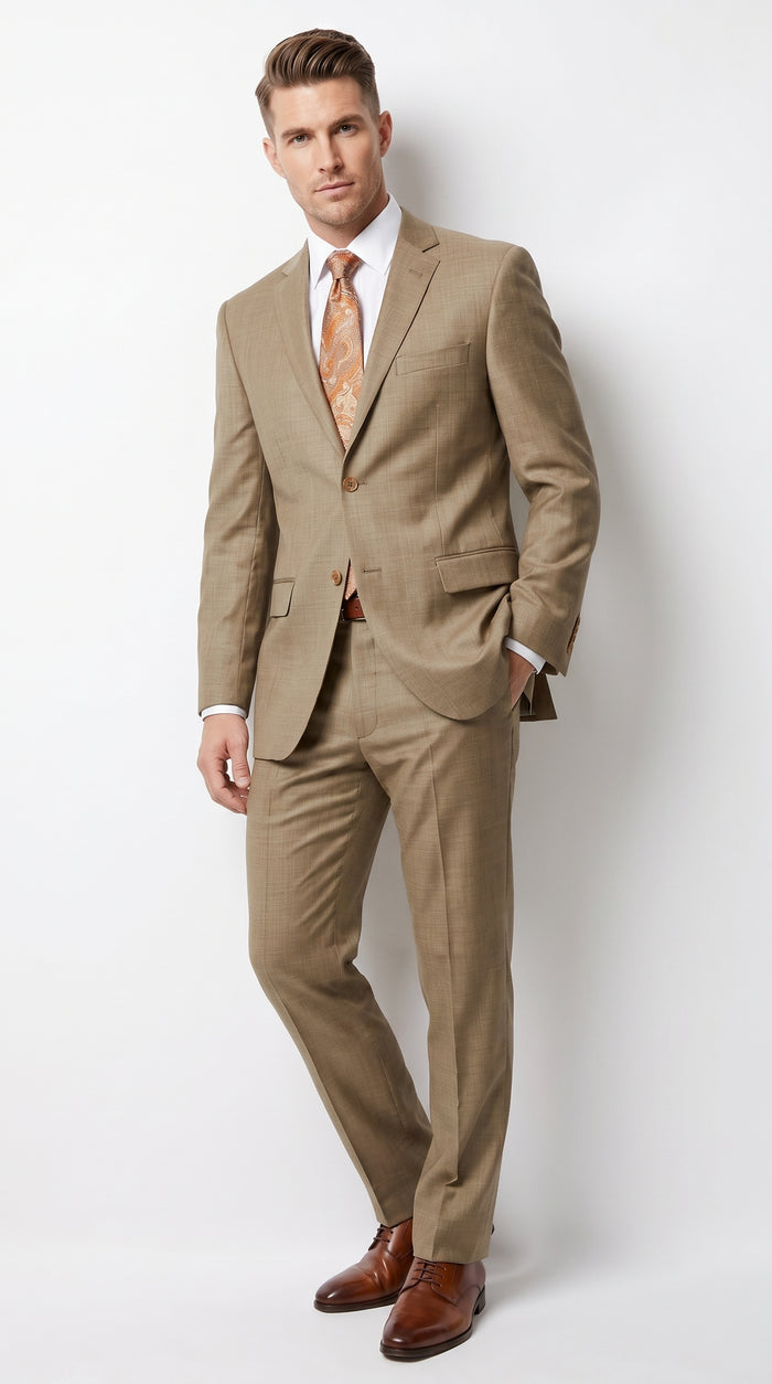 Men’s Champagne Gold Sharkskin Suit, Formal Wedding Church Business Dress Suit Set