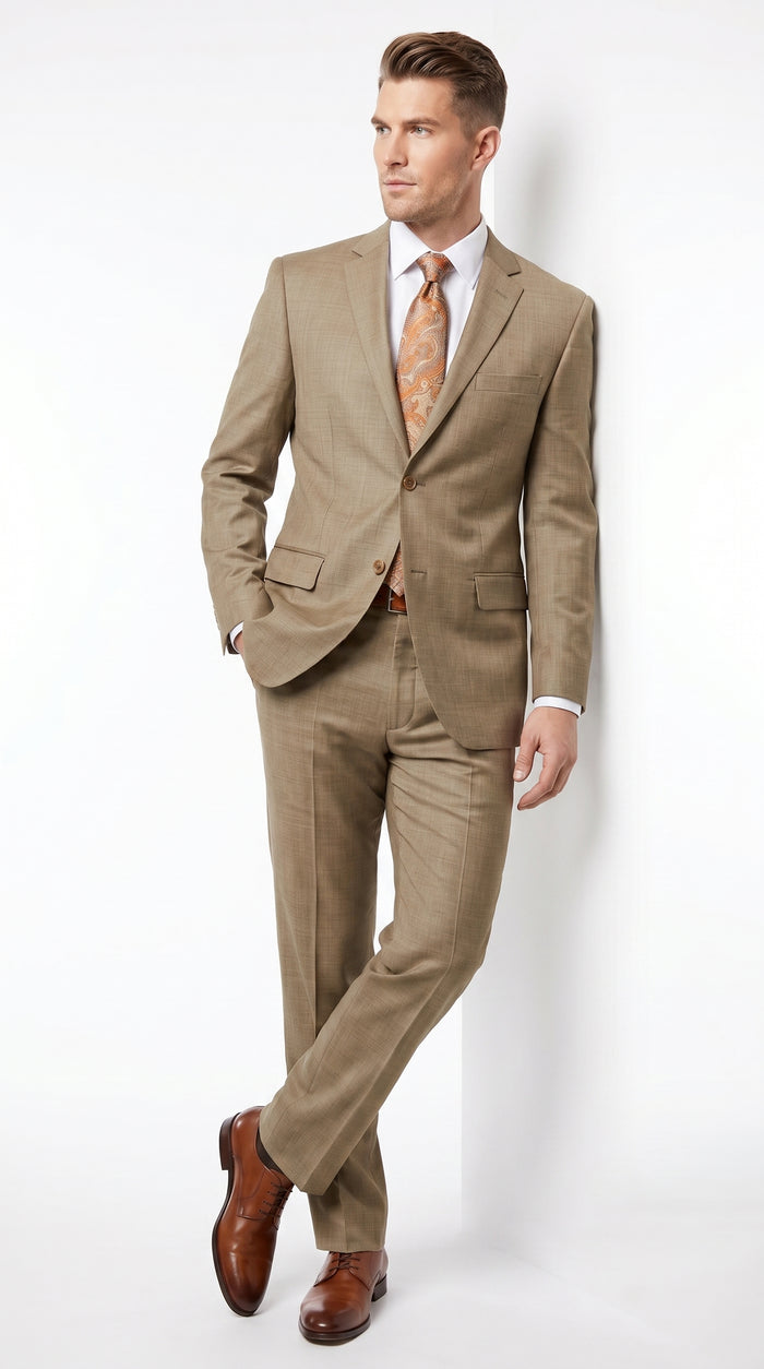 Men’s Champagne Gold Sharkskin Suit, Formal Wedding Church Business Dress Suit Set