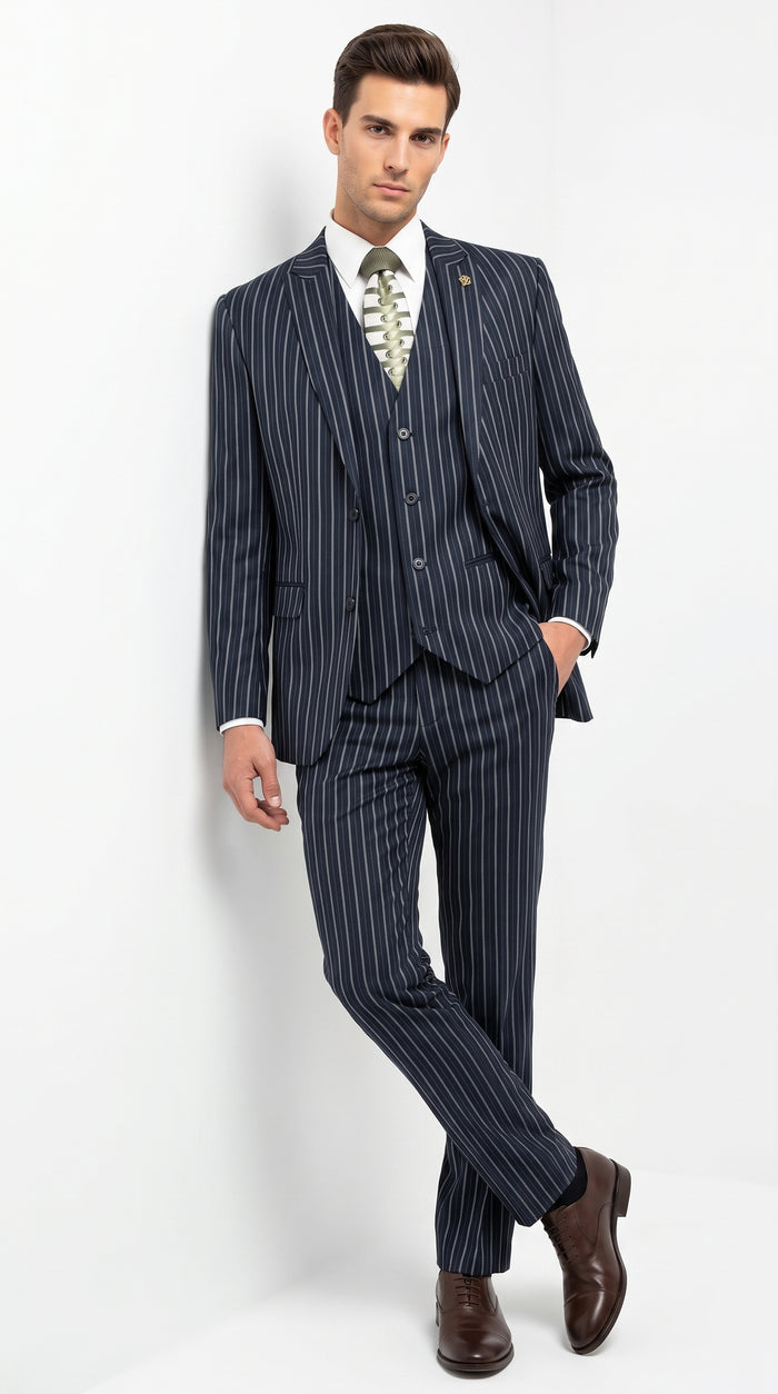Men’s 1920s Gangster Dark Blue Bold Pinstripe 3 Piece Suit, Vested Fashion Suit with Pleated Pants Modern Fit
