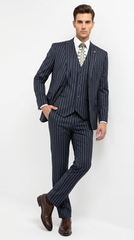 Men’s 1920s Gangster Dark Blue Bold Pinstripe 3 Piece Suit, Vested Fashion Suit with Pleated Pants