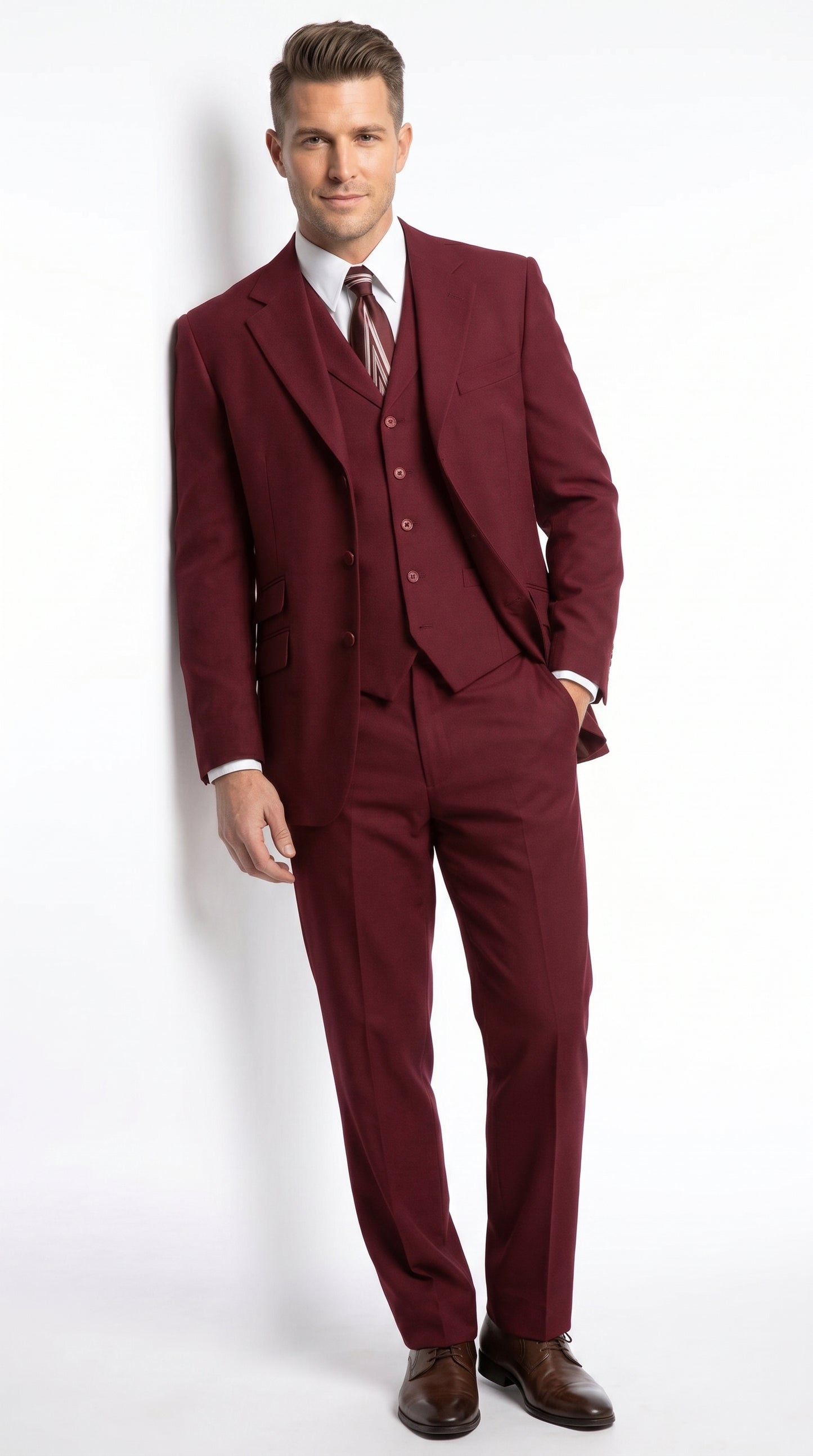Men’s Burgundy Wine Maroon 3 Piece Vested Suit, Peak Lapel Formal Wedding Church Dress Suit Set