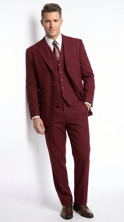 Men’s Burgundy Wine Maroon 3 Piece Vested Suit, Peak Lapel Formal Wedding Church Dress Suit Set