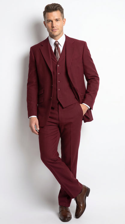 Men’s Burgundy Wine Maroon 3 Piece Vested Suit, Peak Lapel Formal Wedding Church Dress Suit Set