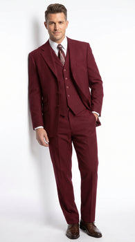 Men’s Burgundy Wine Maroon 3 Piece Vested Suit, Peak Lapel Formal Wedding Church Dress Suit Set