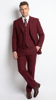Men’s Burgundy Wine Maroon 3 Piece Vested Suit, Peak Lapel Formal Wedding Church Dress Suit Set