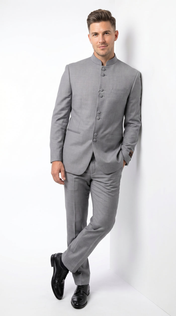 Alberto Nardoni Men’s Light Grey Mandarin Collar Suit, Banded No Collar Formal Wedding Church Suit