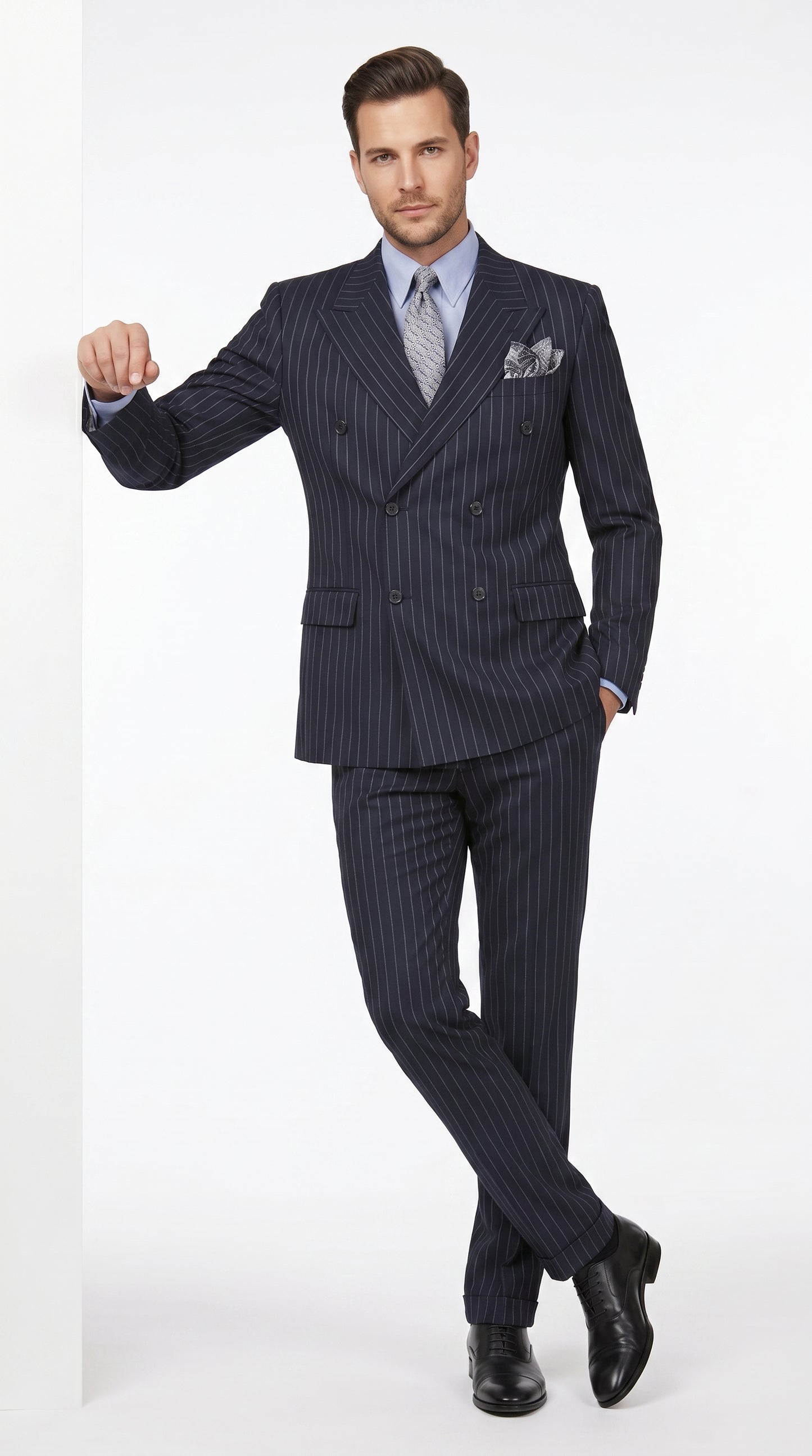 Men’s Dark Navy Blue Chalk Pinstripe Double Breasted Suit, Formal Wedding Business Dress Suit Set Modern Fit