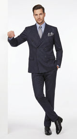 Men’s Dark Navy Blue Chalk Pinstripe Double Breasted Suit, Formal Wedding Business Dress Suit Set Modern Fit