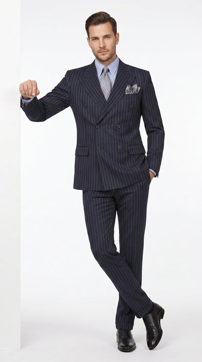 Men’s Dark Navy Blue Chalk Pinstripe Double Breasted Suit, Formal Wedding Business Dress Suit Set Modern Fit
