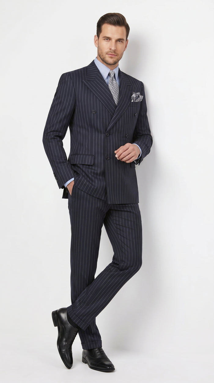 Men’s Dark Navy Blue Chalk Pinstripe Double Breasted Suit, Formal Wedding Business Dress Suit Set Modern Fit