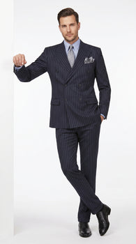 Men’s Dark Navy Blue Chalk Pinstripe Double Breasted Suit, Formal Wedding Business Dress Suit Set