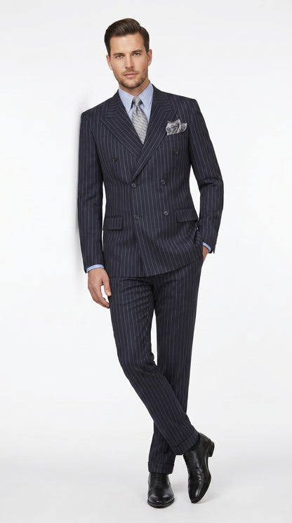 Men’s Dark Navy Blue Chalk Pinstripe Double Breasted Suit, Formal Wedding Business Dress Suit Set Modern Fit