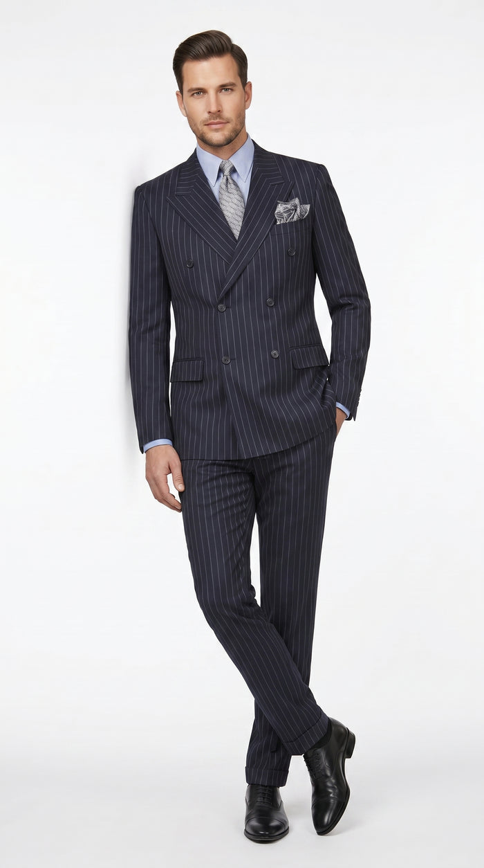 Men’s Dark Navy Blue Chalk Pinstripe Double Breasted Suit, Formal Wedding Business Dress Suit Set Modern Fit