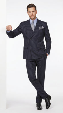 Men’s Dark Navy Blue Chalk Pinstripe Double Breasted Suit, Formal Wedding Business Dress Suit Set