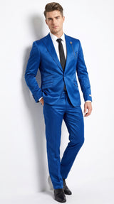 Men’s Shiny Metallic Blue Sharkskin Suit, Single Breasted Formal Wedding Prom Dress Suit Set  Modern Fit