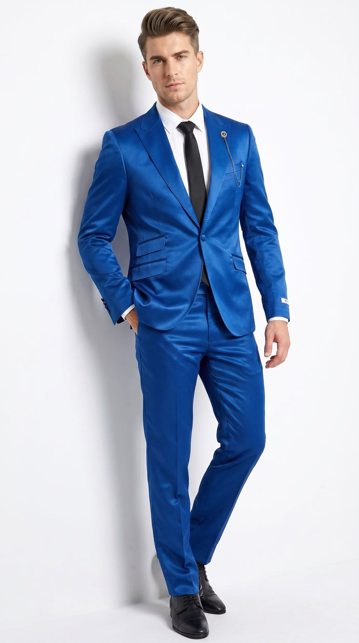 Men’s Shiny Metallic Blue Sharkskin Suit, Single Breasted Formal Wedding Prom Dress Suit Set  Modern Fit