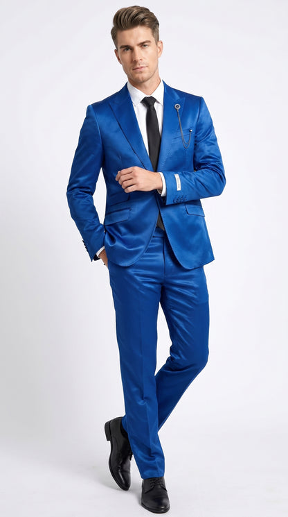 Men’s Shiny Metallic Blue Sharkskin Suit, Single Breasted Formal Wedding Prom Dress Suit Set  Modern Fit