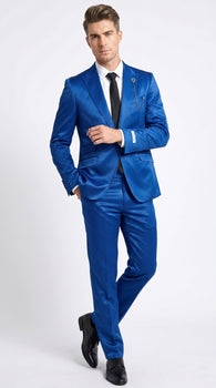 Men’s Shiny Metallic Blue Sharkskin Suit, Single Breasted Formal Wedding Prom Dress Suit Set
