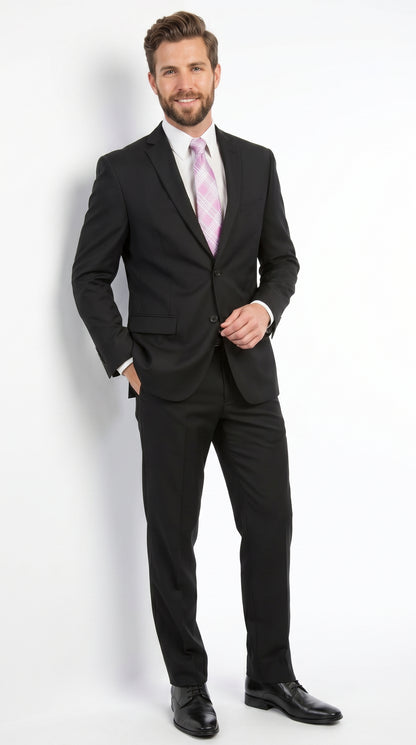 Men’s Black 2 Button Poplin Suit, Formal Wedding Business Church Dress Suit Set Modern Fit