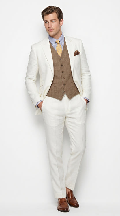 Men’s Off White Great Gatsby 3 Piece Suit, Vintage Wedding Prom Formal Vested Suit Set