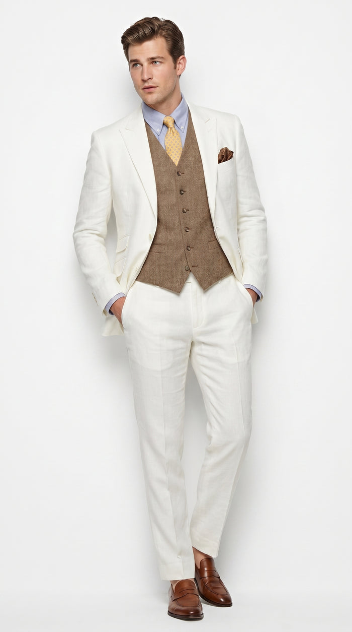 Men’s Off White Great Gatsby 3 Piece Suit, Vintage Wedding Prom Formal Vested Suit Set Modern Fit