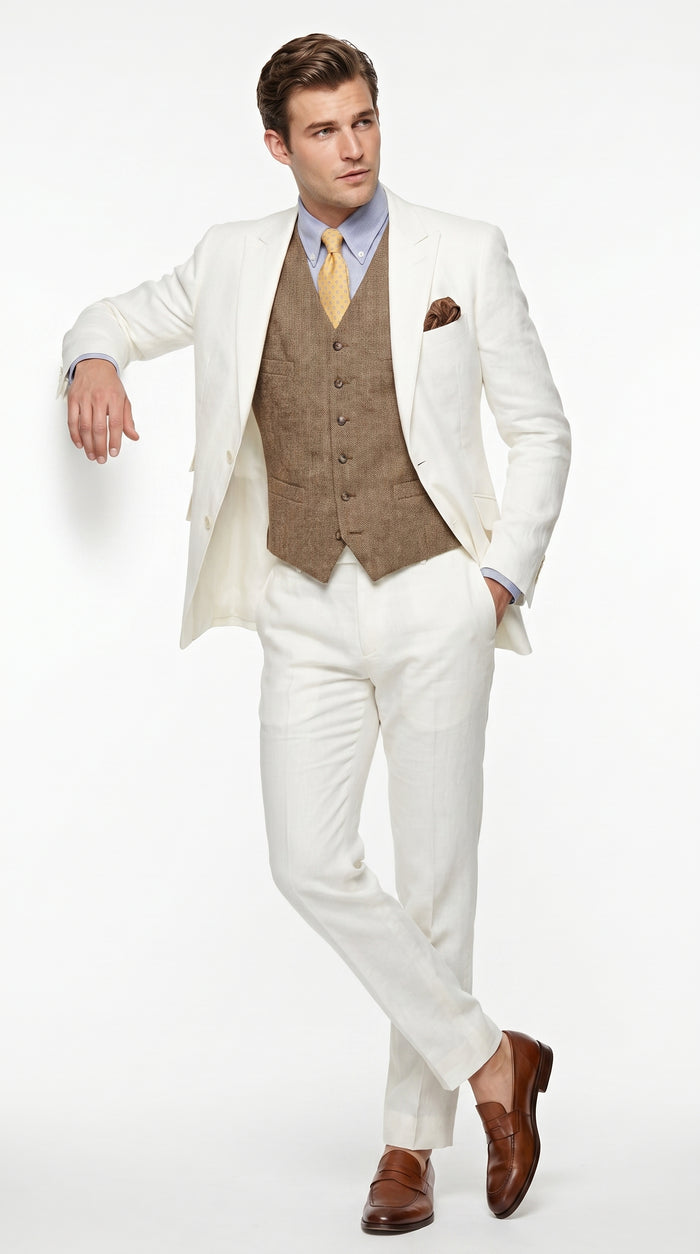 Men’s Off White Great Gatsby 3 Piece Suit, Vintage Wedding Prom Formal Vested Suit Set Modern Fit