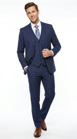 Men’s Teal Indigo Bright Blue Cobalt Pinstripe 3 Piece Suit, Formal Wedding Business Dress Suit Modern Fit