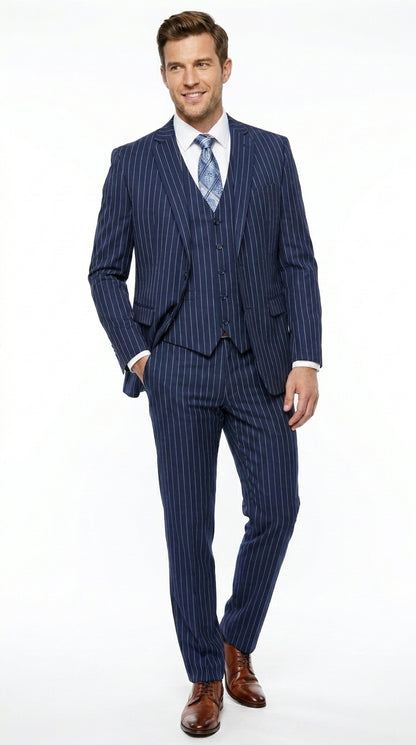Men’s Teal Indigo Bright Blue Cobalt Pinstripe 3 Piece Suit, Formal Wedding Business Dress Suit Modern Fit