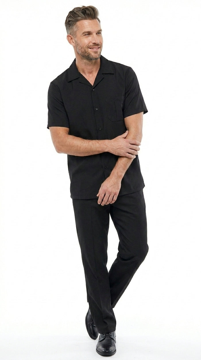 Men’s Black Big and Tall Walking Suit with Short Sleeve Shirt and Matching Pants, Casual Suit up to 6XL