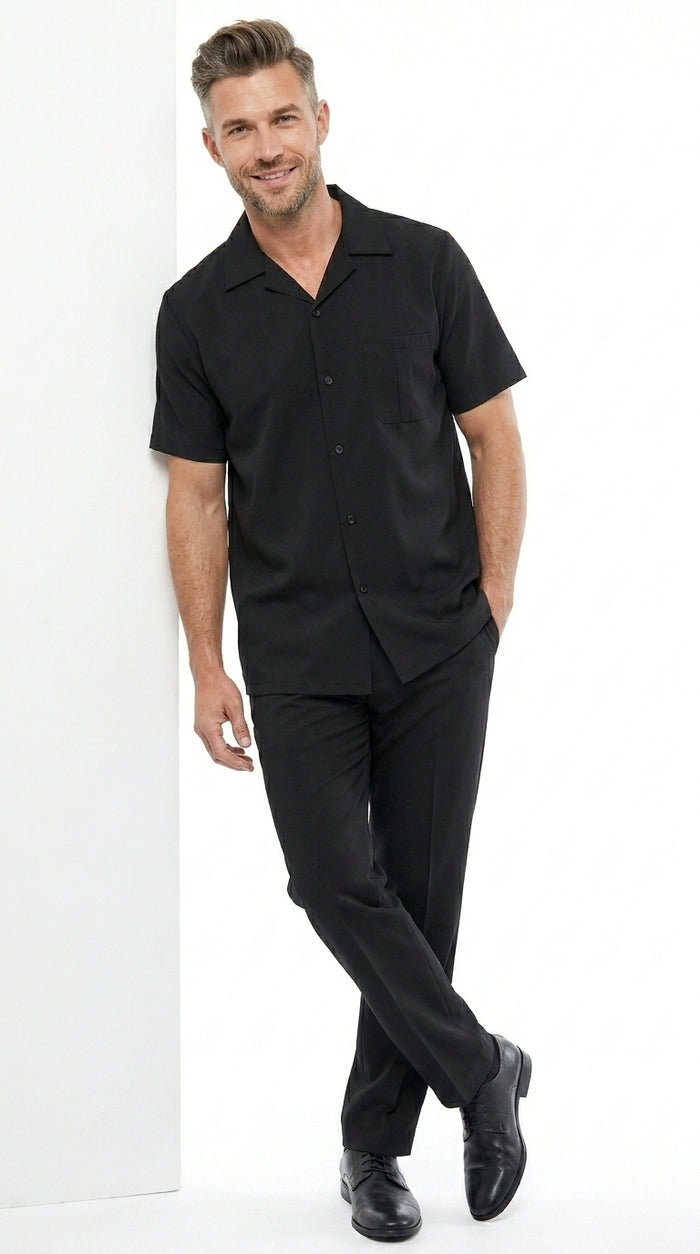 Men’s Black Big and Tall Walking Suit with Short Sleeve Shirt and Matching Pants, Casual Suit up to 6XL