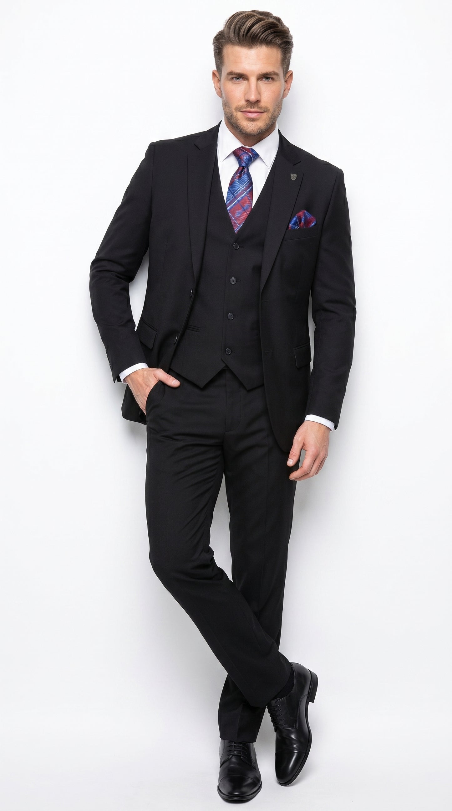 Men’s Black 3 Piece 2 Button Suit, Vested Formal Wedding Business Dress Suit Set