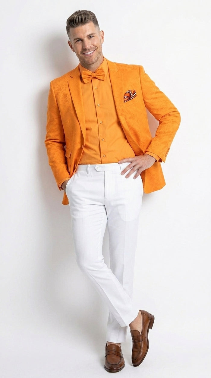 Men’s Mango Orange Blazer White Pants Formal Outfit