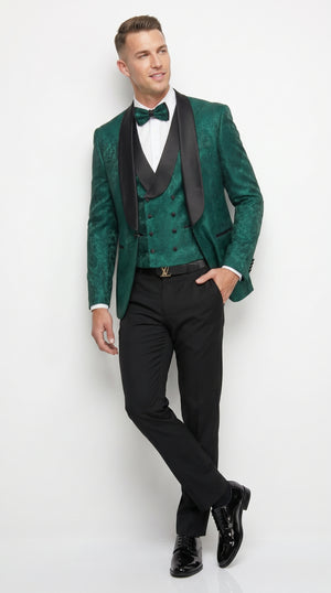 Men’s Hunter Green Textured Pattern Modern Fit Suit with Black Shawl Lapel, Formal Wedding Prom Suit