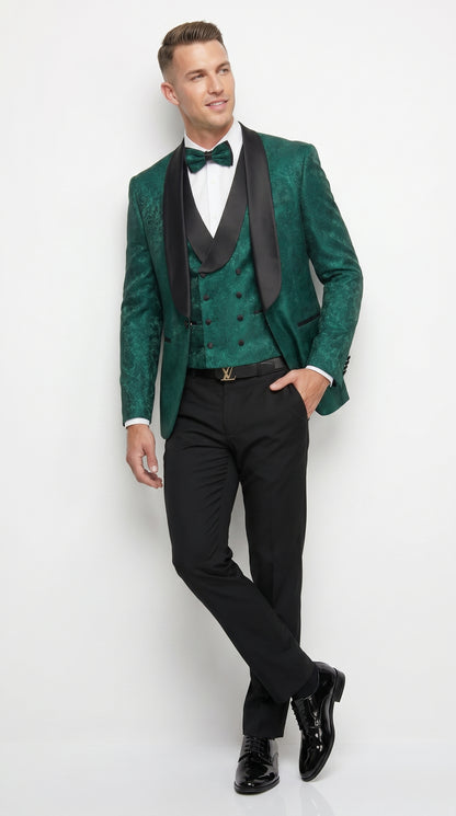 Men’s Hunter Green Textured Pattern  Suit with Black Shawl Lapel, Formal Wedding Prom Suit Modern Fit
