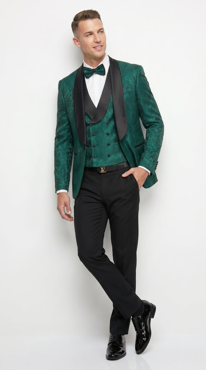 Men’s Hunter Green Textured Pattern  Suit with Black Shawl Lapel, Formal Wedding Prom Suit Modern Fit
