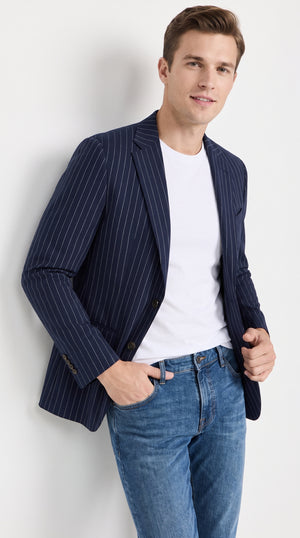 Men’s Navy Blue Chalk Pinstripe Blazer Sport Coat – 1920s Gangster Style Dress Jacket