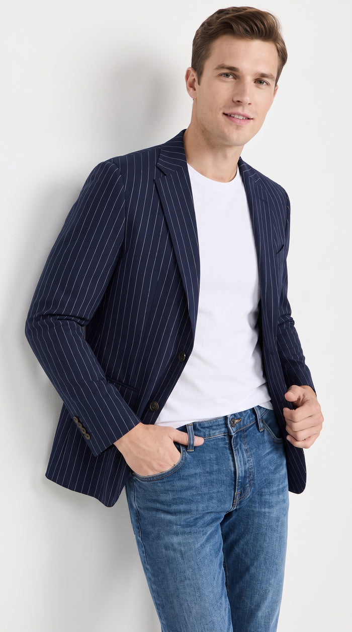 Men’s Navy Blue Chalk Pinstripe Blazer Sport Coat – 1920s Gangster Style Dress Jacket