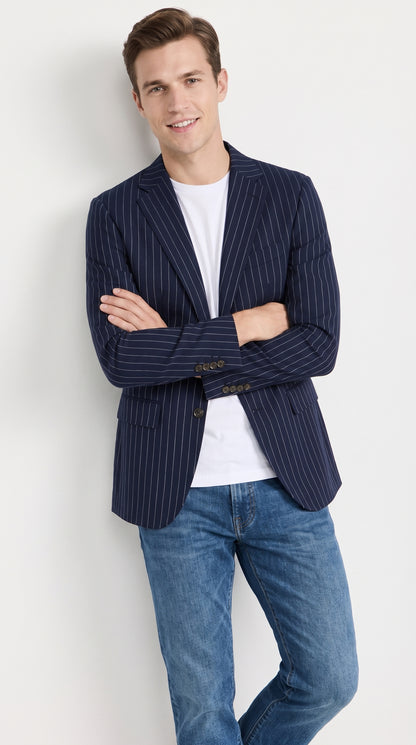 Men’s Navy Blue Chalk Pinstripe Blazer Sport Coat – 1920s Gangster Style Dress Jacket