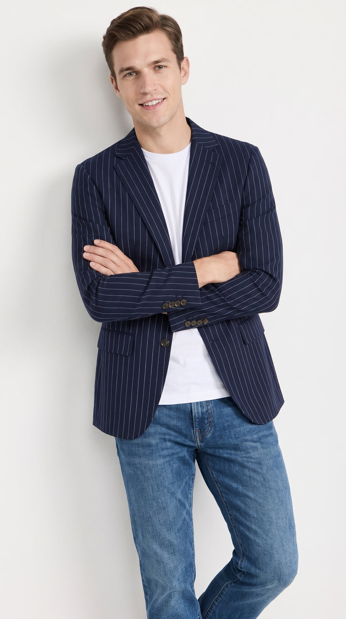 Men’s Navy Blue Chalk Pinstripe Blazer Sport Coat – 1920s Gangster Style Dress Jacket