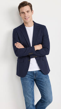 Men’s Navy Blue Chalk Pinstripe Blazer Sport Coat – 1920s Gangster Style Dress Jacket