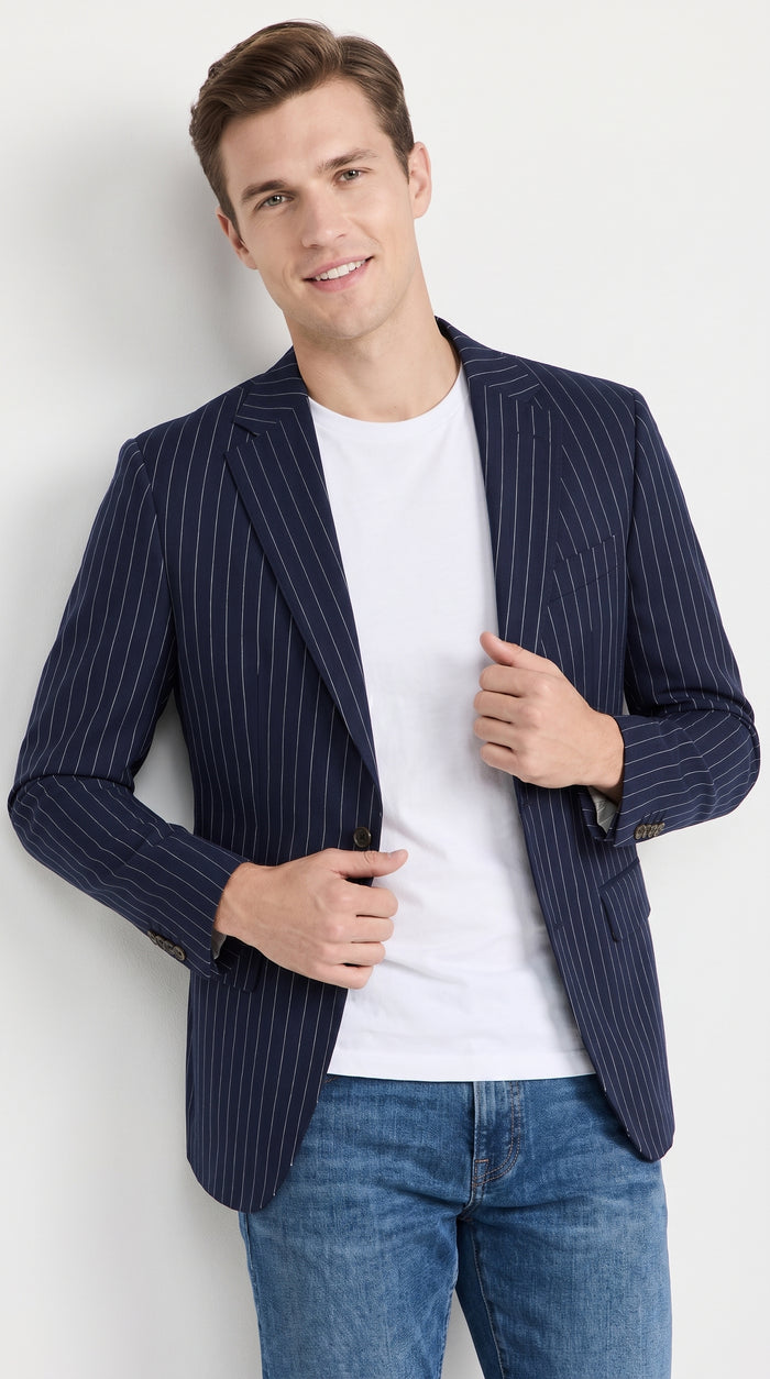 Men’s Navy Blue Chalk Pinstripe Blazer Sport Coat – 1920s Gangster Style Dress Jacket