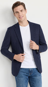 Men’s Navy Blue Chalk Pinstripe Blazer Sport Coat – 1920s Gangster Style Dress Jacket