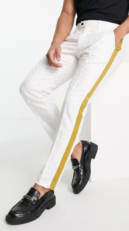 Men’s White Tuxedo Pants with Gold Sateen Side Stripe – Formal Dress Pants for Wedding and Prom