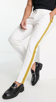 Men’s White Tuxedo Pants with Gold Sateen Side Stripe – Formal Dress Pants for Wedding and Prom