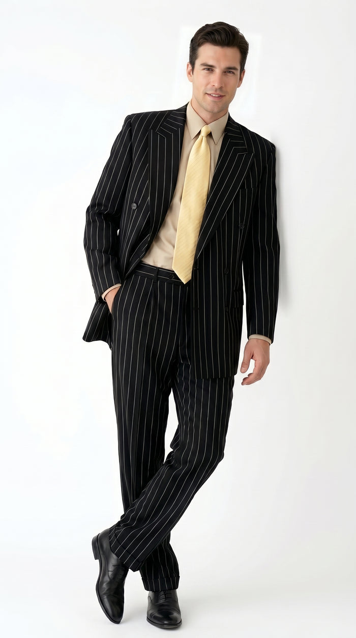 Men’s Black Pinstripe Double Breasted Suit, Super 120s Acrylic Rayon Formal Dress Suit Modern Fit