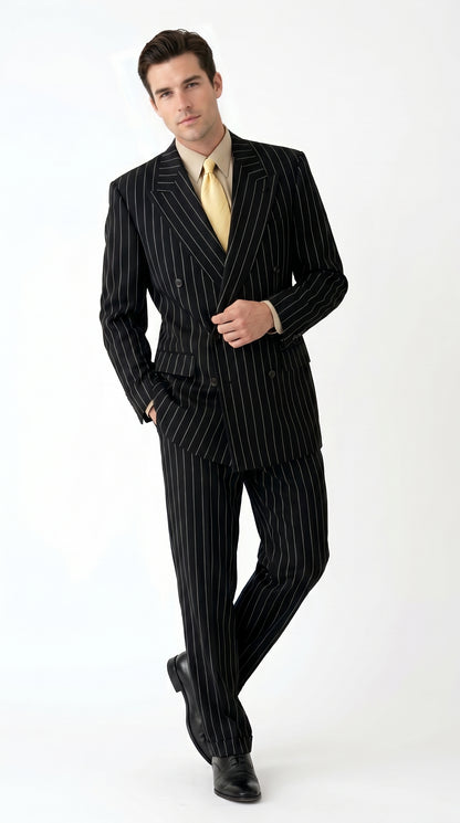 Men’s Black Pinstripe Double Breasted Suit, Super 120s Acrylic Rayon Formal Dress Suit Modern Fit