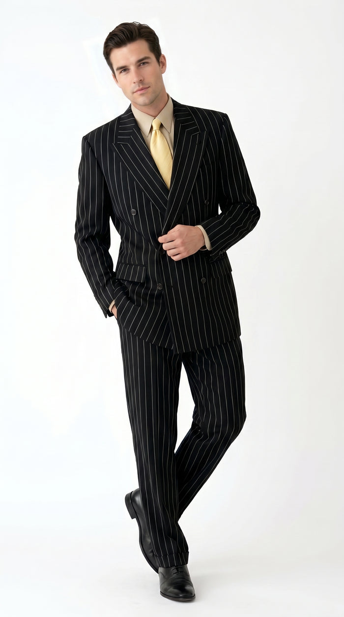 Men’s Black Pinstripe Double Breasted Suit, Super 120s Acrylic Rayon Formal Dress Suit Modern Fit